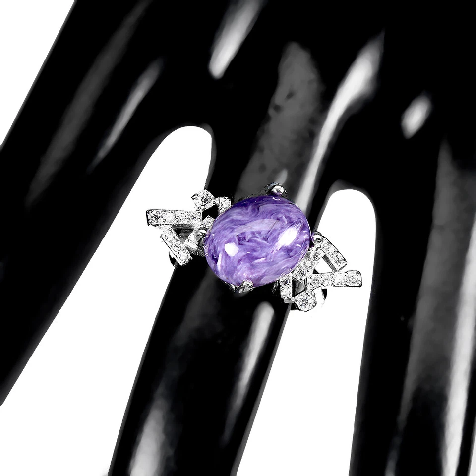 925 Anello Argento Sterling Ovale Charoite 11x9mm Naturale Gemma Gioielli Size 6 - Immagine 3 di 4