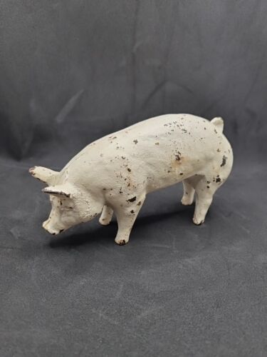 Vintage Cast Iron Pig Figure White Ornament Door Stop Weight Rustic Heavy 4”x7” - Picture 1 of 11