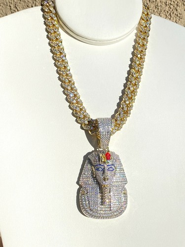 Men 14k Gold Fill Stamp Iced Egyptian King Tut Pharaoh Miami Cuben Chain Pendant - Picture 17 of 17