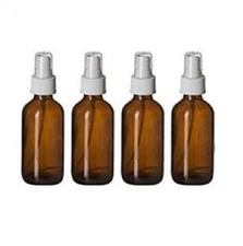  4 Amber 2oz Boston Round Glass Bottle White Spray Fine Ribbed Mist Sprayer 60ml