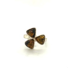 Vintage Sterling Silver Bezel Three Stone Yellow Baltic Amber Floral Ring size 5