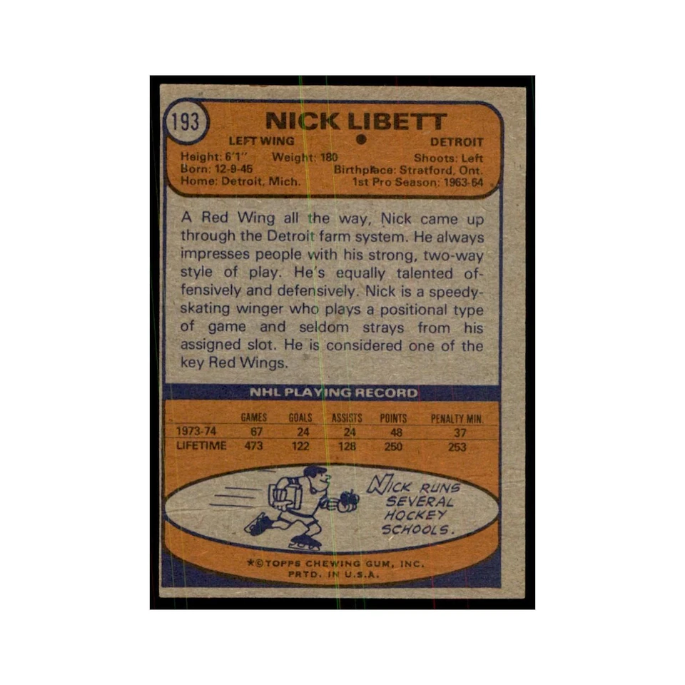 Nick Libett 1974 Topps #193 Hockey Cards Hockey Card EX - Image 2 of 3