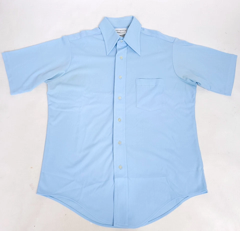 VTG 70s Shirt Dagger Collar Button Up Mens 16.5 Blue Disco Van Heusen Vanknit - Image 3 of 4