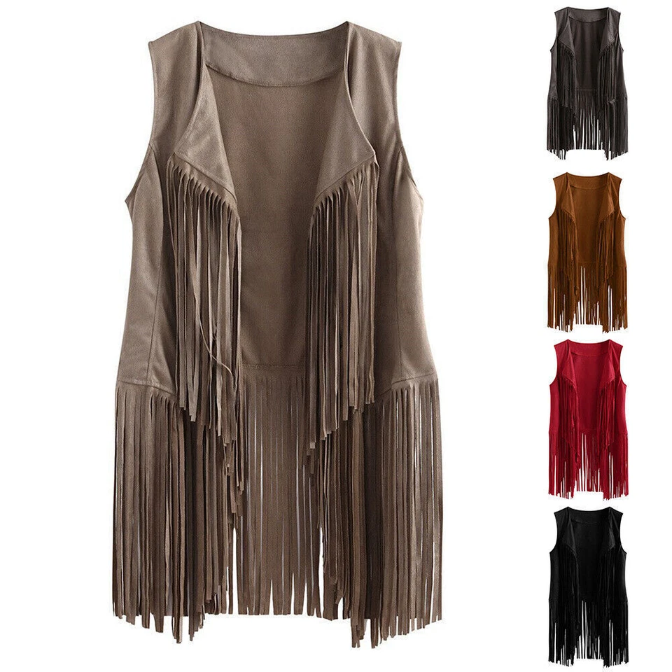 Womens Tassel Fringed Vest Suede Open Front Sleeveless Cardigan Jacket Gilet - Image 4 of 4