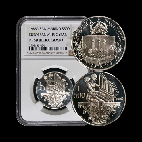 SAN MARINO. 1985, 500 Lire, Silver - NGC PF69 - Top Pop 🥇 Music Year Bach Organ