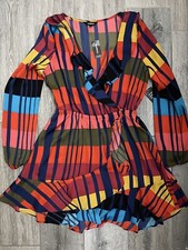 NWT Express Color block elastic waist ruffle wrap style Dress Sz S