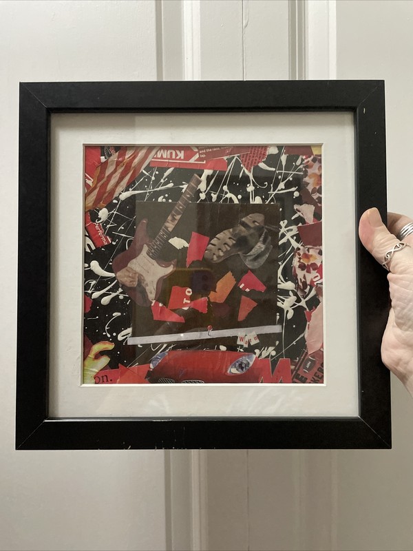 Framed Punk Rock  Art Collage Original Signed Graffiti Guitar Boot Red Black