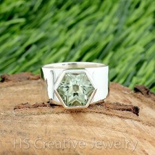 Natural Green Amethyst Fancy Cut 925 Sterling Silver Handmade Wide Band Ring