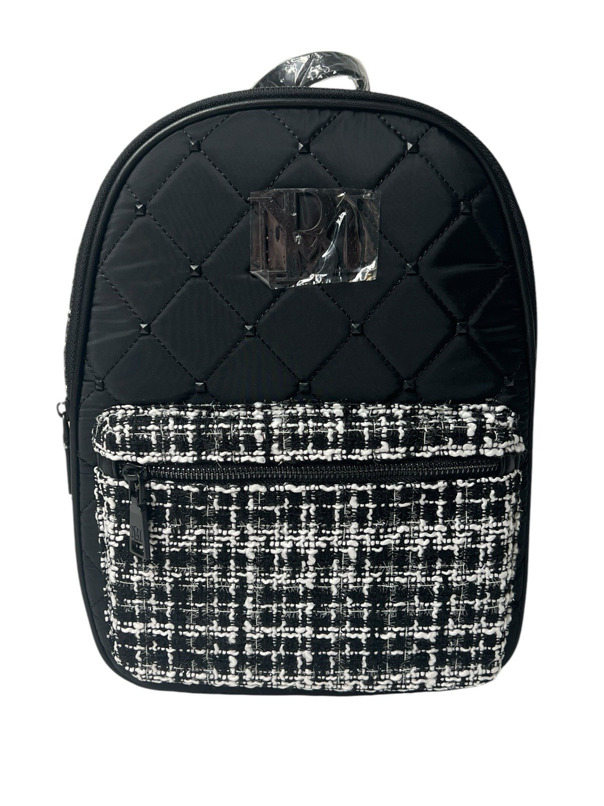 BADGLEY MISCHKA Diamond Quilted Nylon Backpack in Black White MSRP 169 NWT