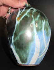 ANDERSON DESIGN~BIRCH TREE DESIGN BLUE GLAZES ART BUD VASE~~BULBOUS SHAPED