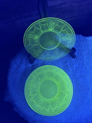 Rare Vtg Lot Of 5 Anchor Hocking Vaseline Glass Saucers Ballerina Pattern 6 1/8”