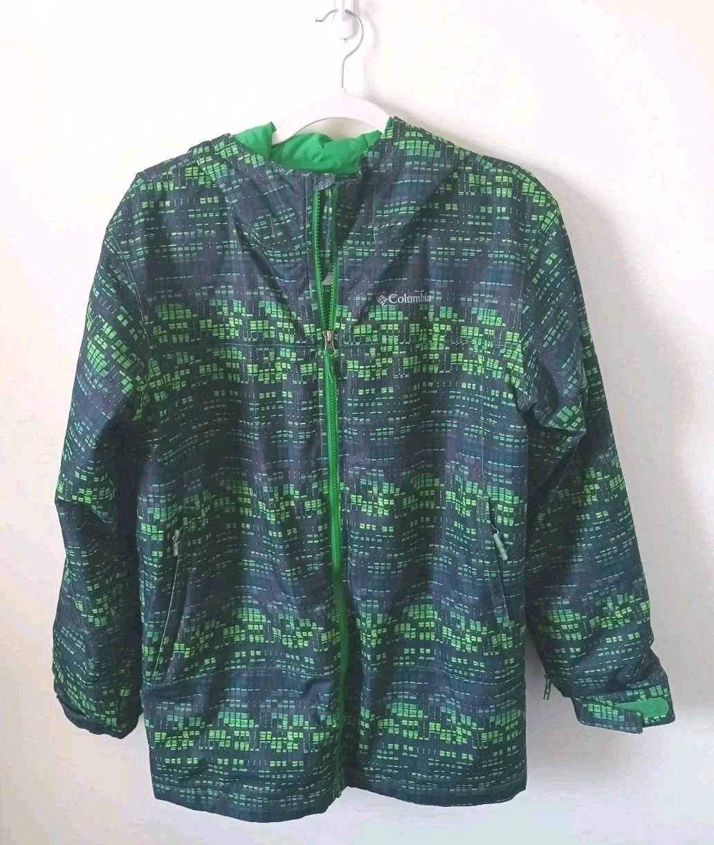 Columbia Omni Heat Puffer Jacket Boys XL Black Green Geometric Print