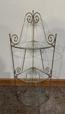 Vintage Three Tiered Corner Shelf Brass Metal Frame With Three Glass Shelves