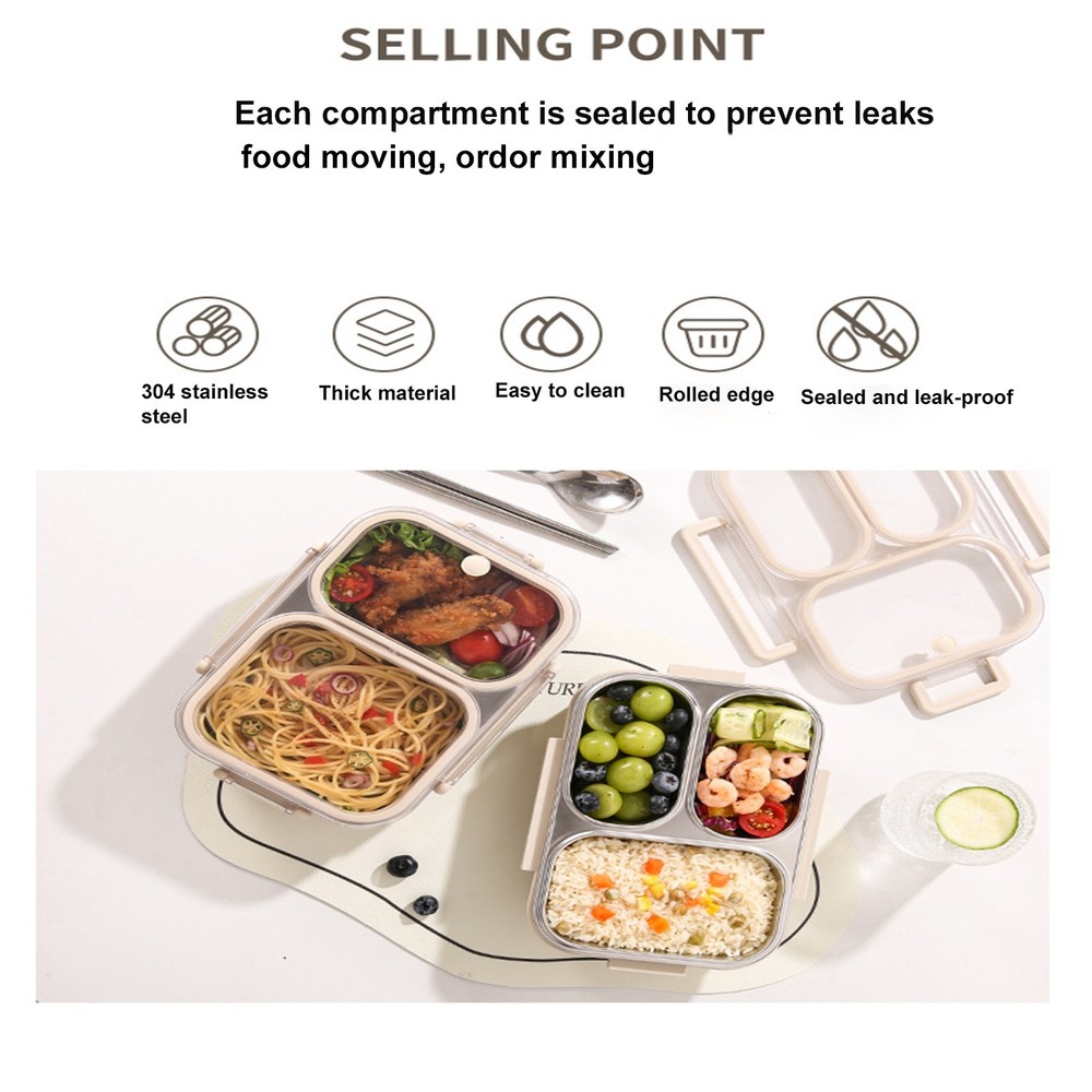 Bento Box Lunch Box Stainless Steel Food Container with 3 Compartments is Sealed