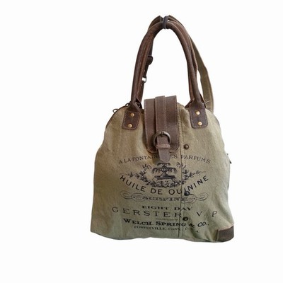 Myra Bag Canvas & Leather Convertible Tote Crossbody Olive Green Vintage Print