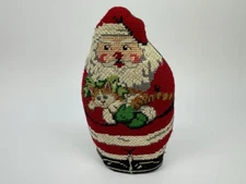 Vintage Santa Needlepoint Pillow By Centrum Velvet Back Orange Cat Christmas