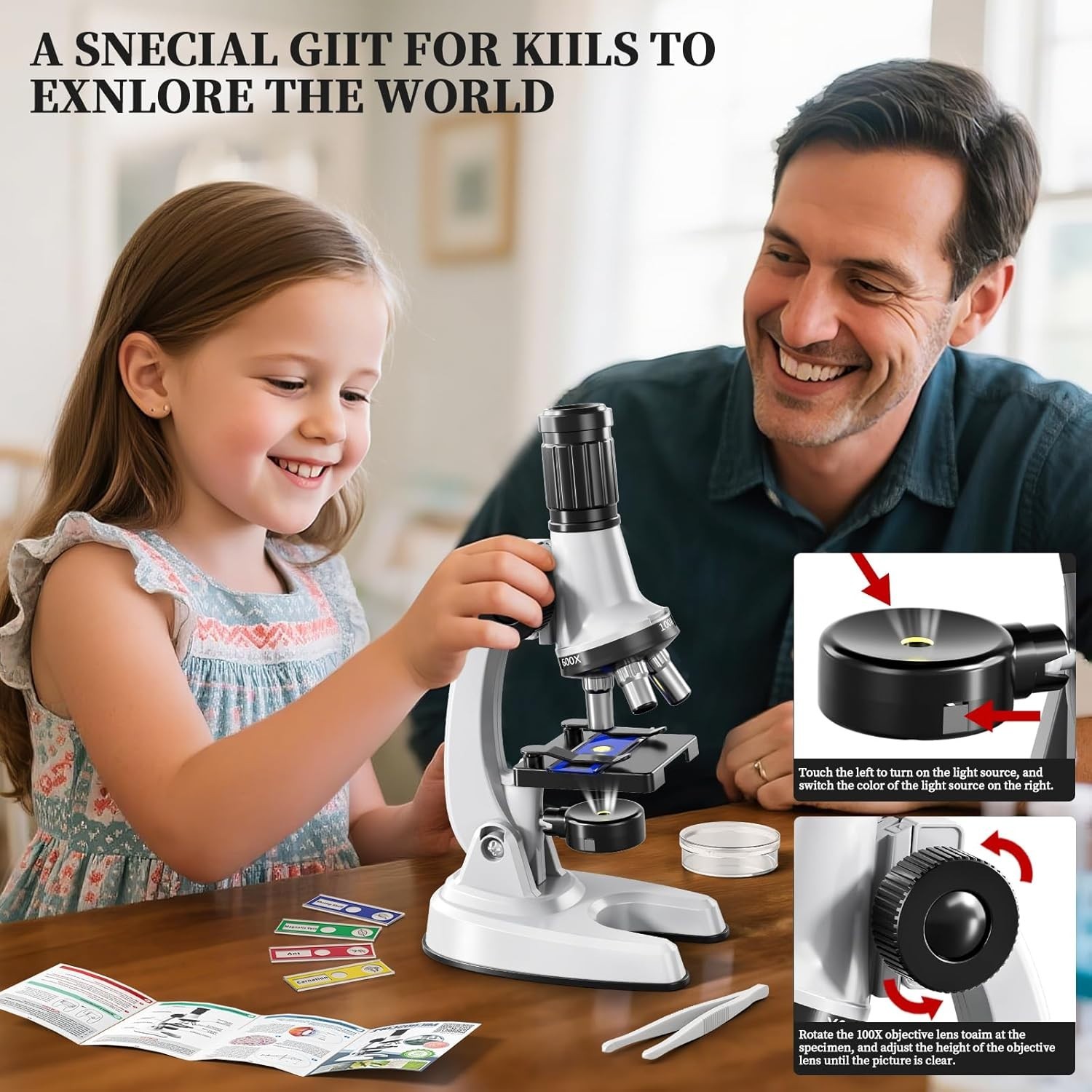 65 Pieces Microscope Kit for Kids Ages 5-7 8-13, 100X-1200X Magnification with 7