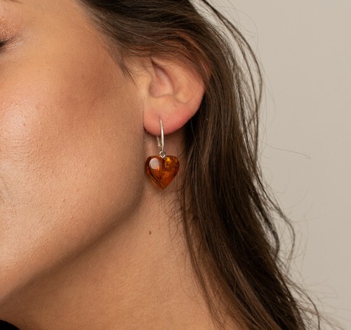 BALTIC AMBER EARRINGS - Cognac Amber Heart Drop Earrings - Lever Back Earrings