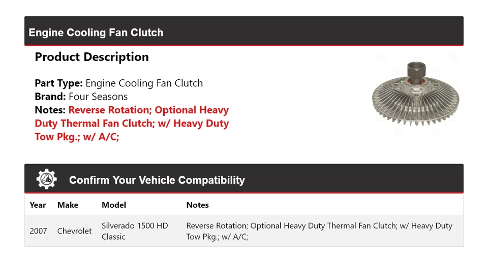 Embrague ventilador de refrigeración motor clásico 4 estaciones Chevrolet Silverado 1500 HD 2007 Foto 2 de 4