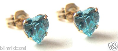 9ct Gold Heart Stud Earrings With Aquamarine/Topaz - Gift Boxed, UK Made 1 thumbnail image