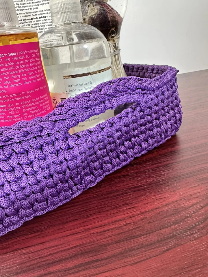 New Handmade Crochet Poly Purp Rope Yarn Rectngular Storage Basket Sz 3x7x10.5 - Image 3 of 4