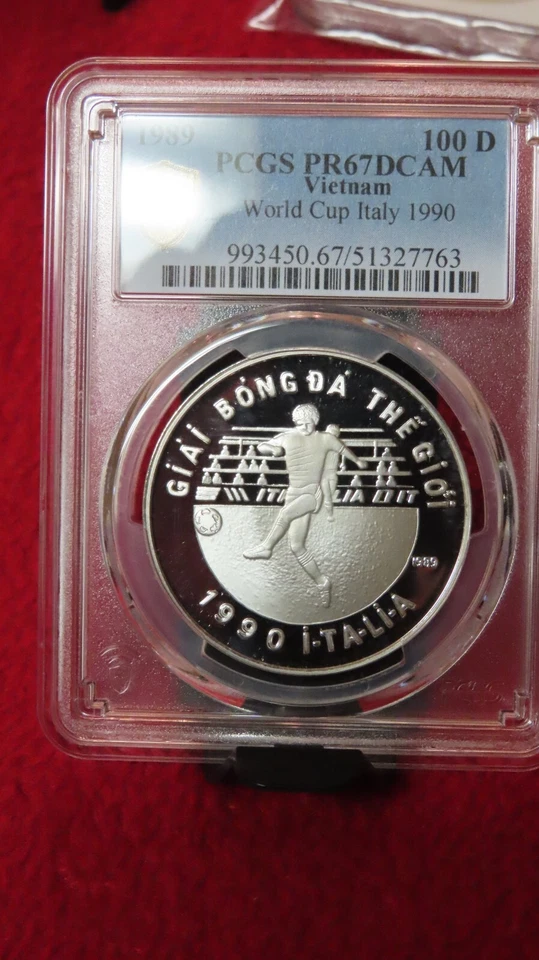 Vietnam 1989 World Cup Italy 999 Silver 100 Dong Soccer / Football PCGS PR67 - Image 3 of 4