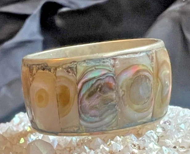 Anillo Banda Concha Abulón Incrustación México Plata Alpaca Talla 11 Foto 2 de 4