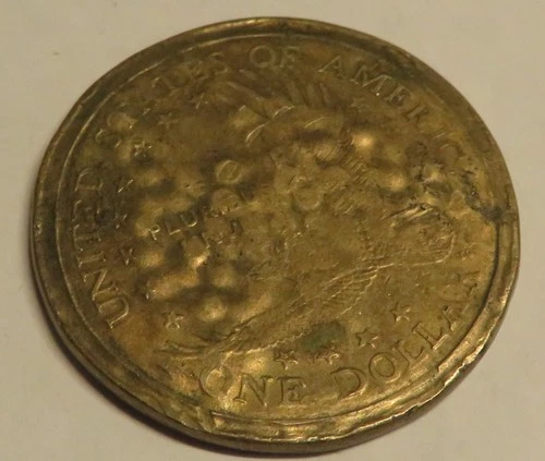 HEAVILY DAMAGED Sacagawea One Dollar Coin Us Liberty Gold Color Circulated Ungra