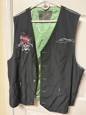Men's Ed Hardy Pin Stripe Love Kills Slowly Embroidered Tattoo Suit Vest XXL