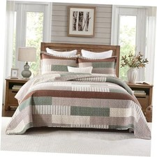 Plaid Quilt King Size, 100 Cotton Patchwork 106"x98" King Brown/Green/Cream