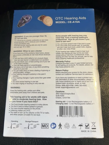Ceretone Torch OTC Rechargeable Hearing Aid - Model: CE-A18A
