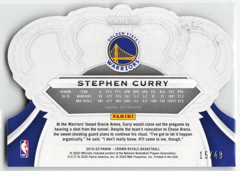 Panini Crown Royale 2019-20 cristal rojo Stephen Curry #67 15/49 Golden State Foto 2 de 2