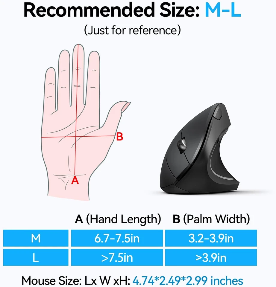 TECKNET Ergonomic Mouse, Wireless Bluetooth Vertical Mouse, 4800 DPI Optical Tra - Image 4 of 4