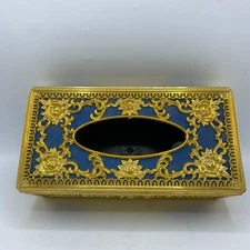 Vtg Hollywood Regency Style Tissue Box Cover Ornate Gold Cornflower Blue-Pretty