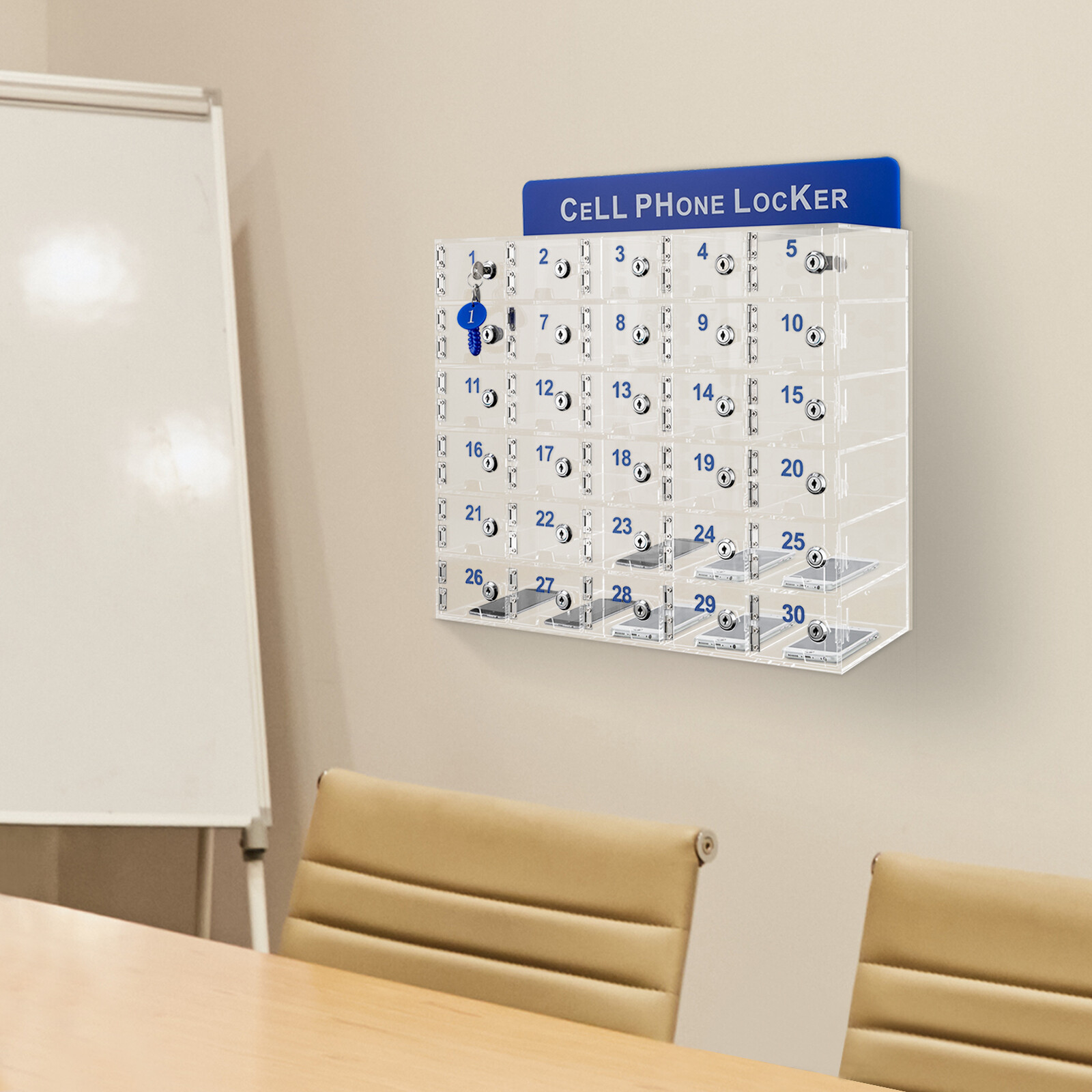 Acrylic Cell Phone Lock Box 30-slot Cell Phones Storage Cabinet With Locks &Keys