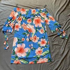 Vince Camuto Dress Blue Floral Womens 8 Off Shoulder 3/4 Sleeves Colorful Fun