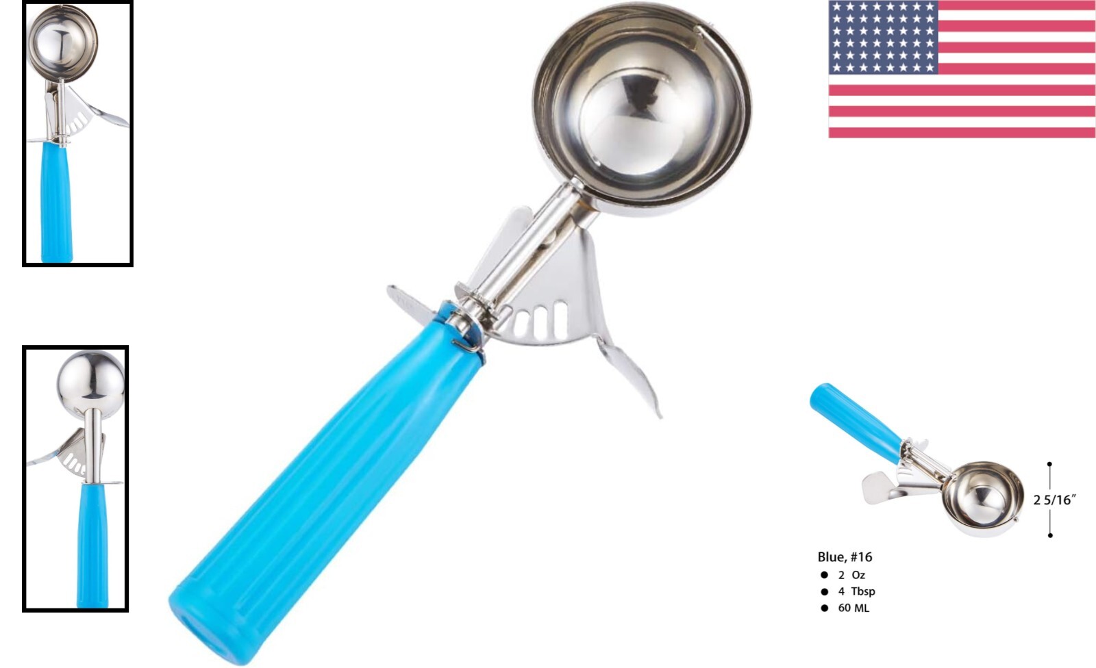 Ergonomic 2 oz Stainless Steel Portion Scoop with Blue Handle for Easy Control