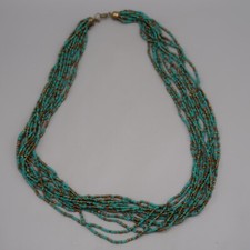 Vintage Bohemian Necklace Seed Bead Multi Strand Blue Teal Gold Tone Ethnic 24