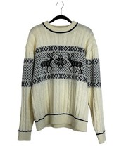 Vintage 80s Cable Knit Sweater Reindeer Winter Cabincore Cottagecore Size Large