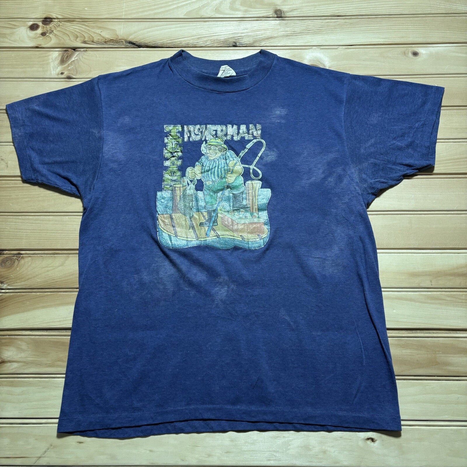 True Vintage 70s Texas Fishermen Funny Comic Armadillo Faded Shirt - Size Large