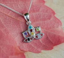925 Sterling Silver Lotus Flower Chakra Necklace, 7 Stone Pendant, Brand New