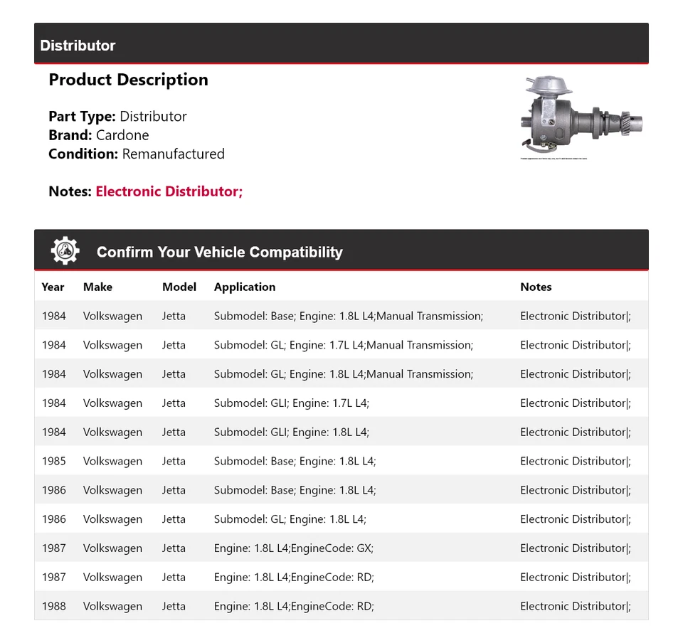 Para Volkswagen Jetta 1984-1988 Distribuidor Cardone 1985 1986 1987 Foto 2 de 4
