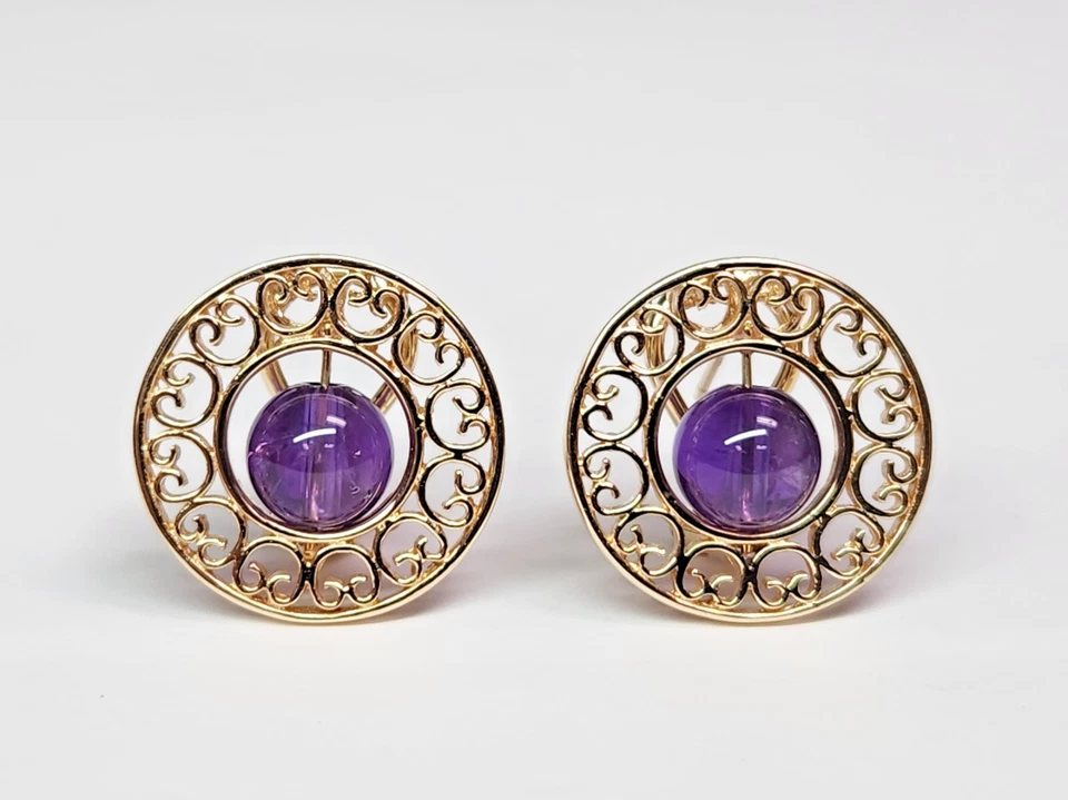 INCRÍVEL Brincos de Arame Extravagantes Circulares de Ouro 14 quilates com Ametista 20 mm - Imagem 4 de 4