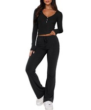Womens 2 Piece Lounge Sets Long Sleeve Crop Tops V Neck Flare Pants Set Fall ...