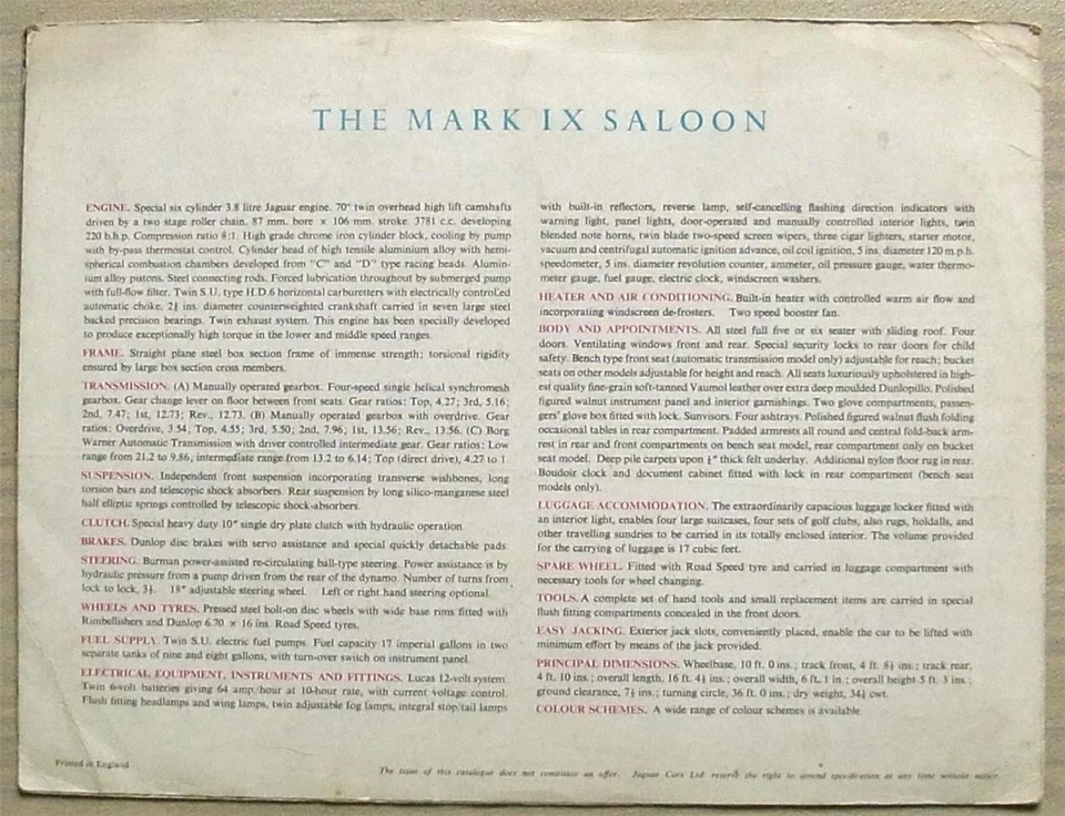 Folleto de venta de nueve autos Jaguar Mark IX c1960 Foto 3 de 3