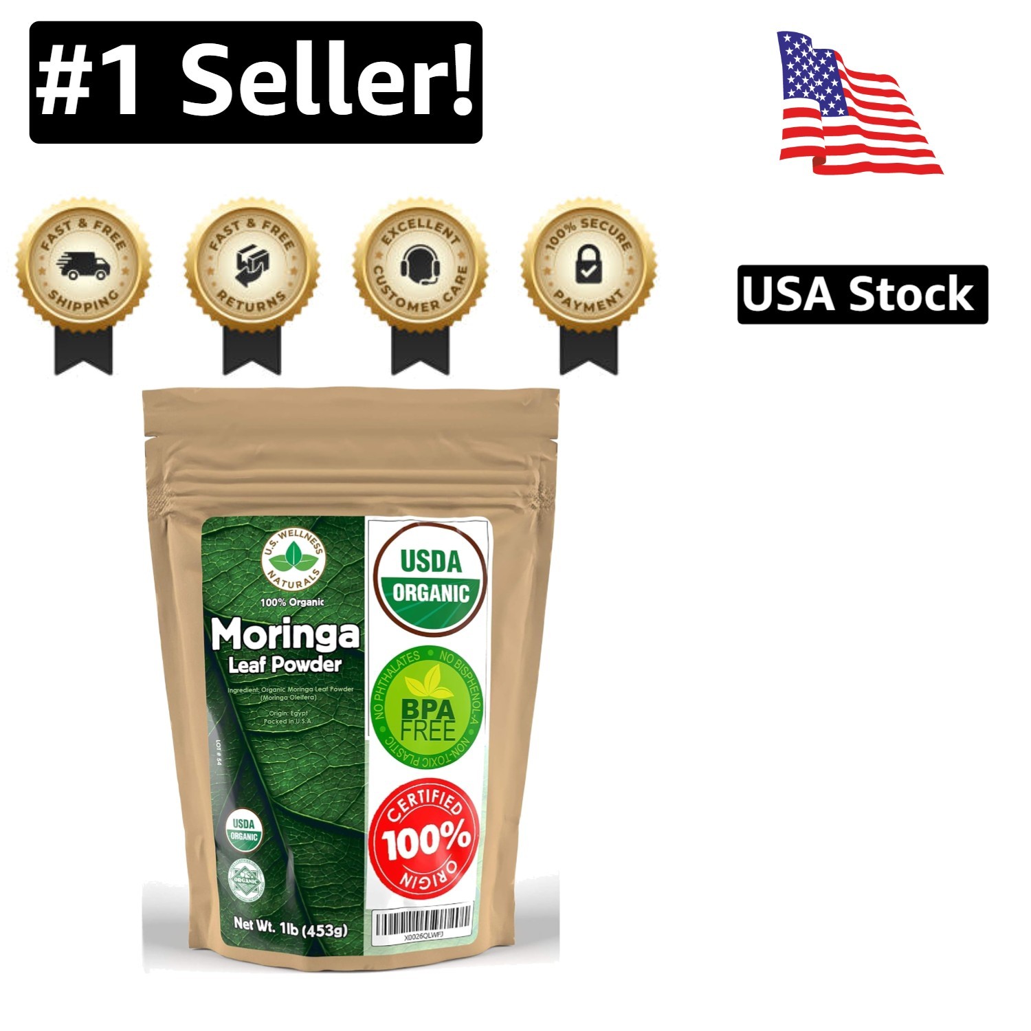 100% Organic Moringa Powder 1LB - Pure Leaf, No Stems - Nutrient-Rich Superfood