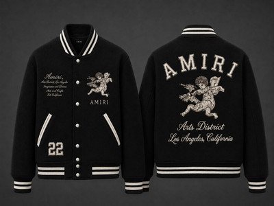 AMIRI Black Full Wool Varsity Jacket Embroidered Angel Bomber College Jacket