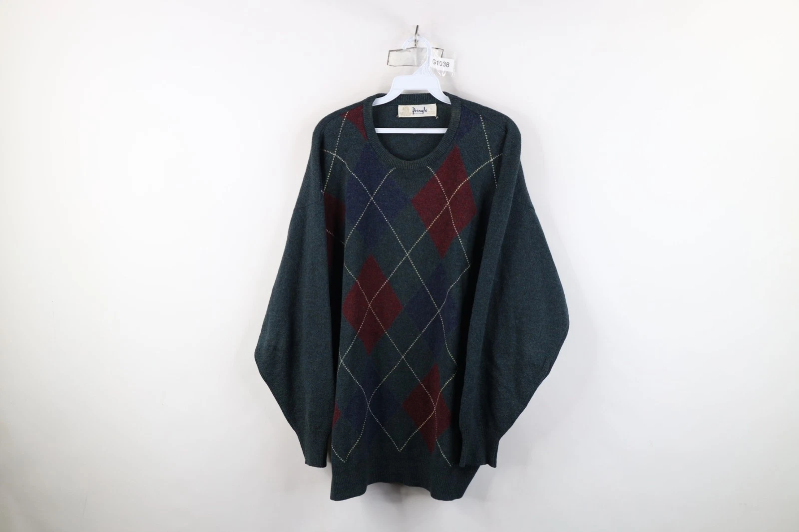 Vtg 90s Streetwear Mens XL Wool Knit Diamond Argyle Crewneck Sweater Scotland