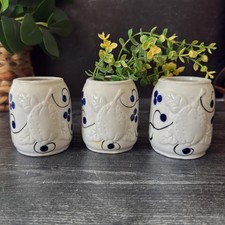 Set of 3 Vintage White Ceramic Bud Vases - Blue Floral Embossed Fruit