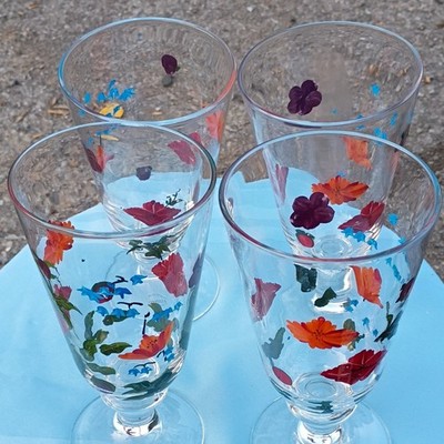Oneida Hand Painted Floral Clear Glass Stemmed Goblets, Set of 4